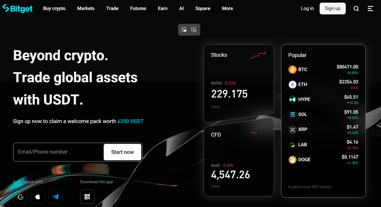 Página principal de Bitget con copia de operaciones y más de 800 criptomonedas